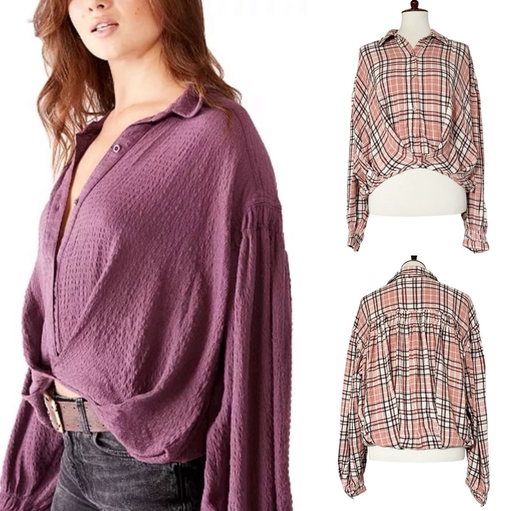 Free People Rockaway Plaid Top Roseโ Combo Sz XS Oversized